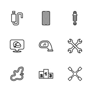 Spor podyumu, İngiliz anahtarı, araba aynası, şok emici, susturucu, tekerlek ve yarış kask ikonu için çizgi ödülü belirleyin. Vektör