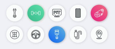 Hat pistonu, zaman ayarlı kemer kiti, vites kolu, araba susturucusu, tekerlek, pit stop, yarış kaskı ve direksiyon ikonu. Vektör
