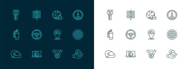 Hız göstergesini, yarış kaskını, madalyayı, direksiyonu uzaktan kumandalı araba anahtarını ve trafik ışığı ikonunu ayarla. Vektör