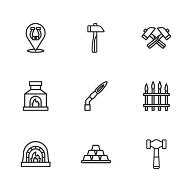 Altın çizgiler, klasik demir çitler, Hammer, kaynak makinesi, çapraz çekiç, at nalı ve Blacksmith fırın ikonu. Vektör
