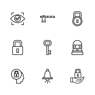 Alarm zilini, kilidi, eski anahtarı, göz taramasını, park yerinin bariyerini ve simgeyi ayarla. Vektör