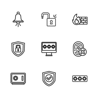 Satır Kalkanını işaretli olarak ayarla, iptal edilmiş parmak izi, parola koruması, monitör şifresi, güvenlik duvarı, güvenlik duvarı, alarm zili, açık asma kilit ve simge. Vektör