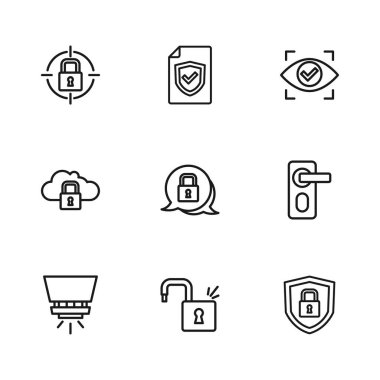 Hat açık asma kilit, parmak izi kapısı, Kalkan güvenliği, kilit, göz taraması, kalkan ve bulut bilgisayar ikonu. Vektör