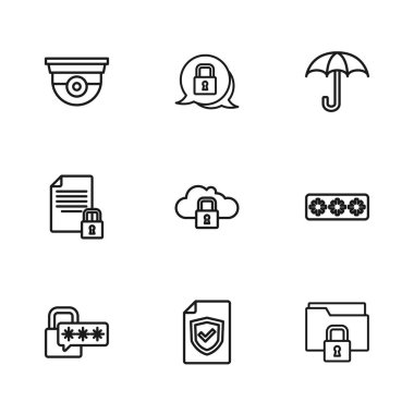 Satır sözleşmesini kalkan, şifre koruması, dizin ve kilit, Bulut bilgisayarı, Şemsiye, güvenlik kamerası, Kilit ve Belge simgesi ile ayarla. Vektör