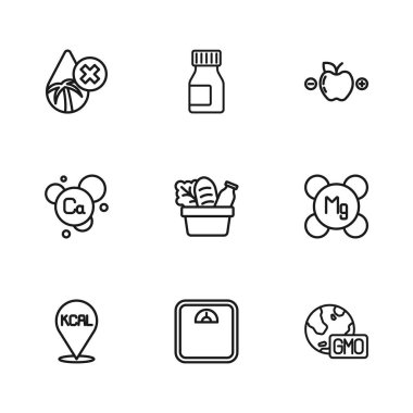 Banyo terazisi, magnezyum, GDO, alışveriş torbası ve yiyecek, kalori hesap makinesi, Palm yağı, vitamin ve kalsiyum ikonu ayarlayın. Vektör