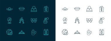 Sıralı tebrik kartı, 8 Mart, elbise dolabı, hediye yayı, kahve fincanı ve kalp, cam şampanya, el çantası, zarif kadın şapkası ve gülen dudak ikonu. Vektör