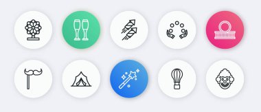 Sihirli değnek, roller coaster, çubukta kağıt bıyık, sıcak hava balonu, jonglörlük, havai fişek roketi, palyaço kafası ve sirk çadırı ikonu. Vektör