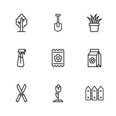 Çiçek lalesi, tohum dolu paket, bahçe çitleri ahşap, saksıda bitki, ağaç, kürek ve su ikonu için sprey. Vektör