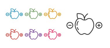 Satır Calorie hesap makinesi simgesini beyaz arkaplanda izole edilmiş olarak ayarla. Kalori sayısı. Diyet olsun. Kilo kaybı. Porsiyon kontrolü. Sağlıklı beslenme. Beslenme düzeni. Simgeleri renklendirin. Vektör