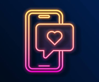 Parlayan neon hattı kalp emoji konuşma baloncuklu akıllı telefon siyah arkaplanda izole ekran simgesine mesaj gönder. Sevgililer Günü. Vektör