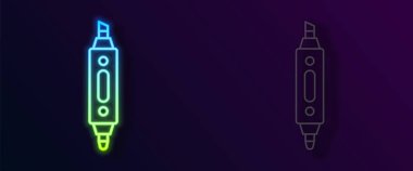 Parlayan neon çizgisi kalem simgesi siyah arkaplanda izole edildi. Vektör