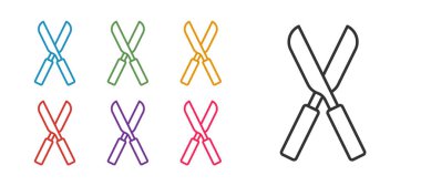 Beyaz arkaplanda izole edilmiş simgeyi budamak için el yapımı bahçe makasını ayarla. Ahşap saplı budama makası. Simgeleri renklendirin. Vektör