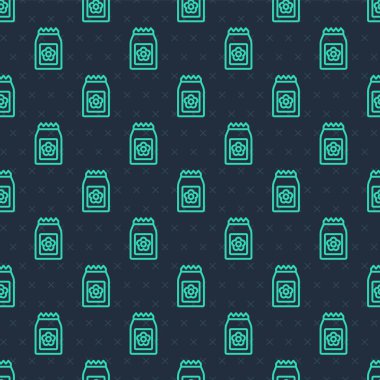 Özel bir bitki simgesinin tohumlarıyla dolu yeşil çizgi paketi mavi arkaplanda izole edilmiş pürüzsüz desen. Vektör