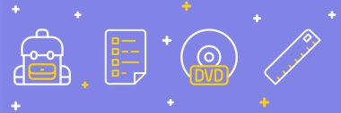 Satır cetveli, CD veya DVD diski, kontrol listesi ve okul sırt çantası simgesiyle pano ayarla. Vektör