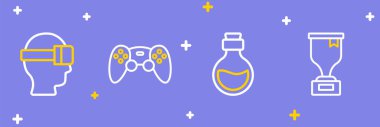 Satır Ödülü kupası, sihirli iksirli şişe, oyun kumandası veya joystick ve sanal gerçeklik gözlüğü ikonu. Vektör