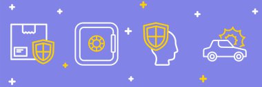 Hat çizgisi araba sigortası, kalkanla yaşam, güvenli ve teslimat güvenlik ikonu. Vektör