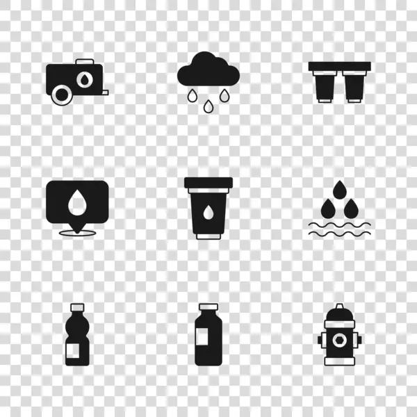 集水壶 消防栓 移动式水箱 雨云及位置图标为一体 — 图库矢量图片