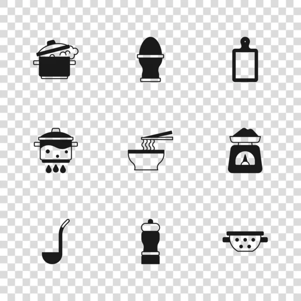 采购产品设置胡椒 厨房用具 亚洲面条碗 切菜板 烹调锅 鸡蛋站在立场上和火图标 — 图库矢量图片