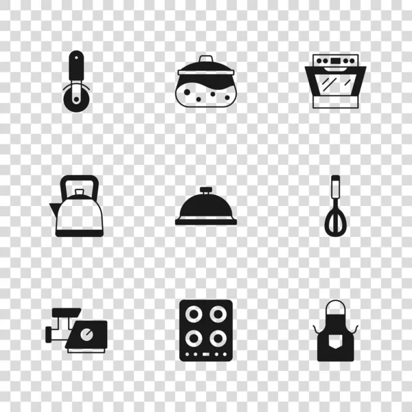 集煤气炉 厨房威士忌 托盘食物 比萨刀 煮锅和壶柄图标 — 图库矢量图片