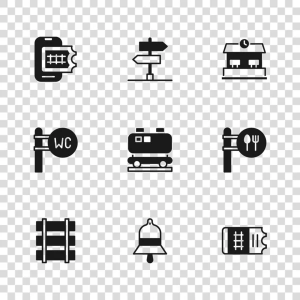 集火车站钟 咖啡店及餐厅位置 网上预订 道路交通标志及厕所图标为一体 — 图库矢量图片