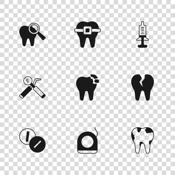 Set Fil Dentaire Dent Cassée Seringue Dents Avec Accolades Miroir — Image vectorielle
