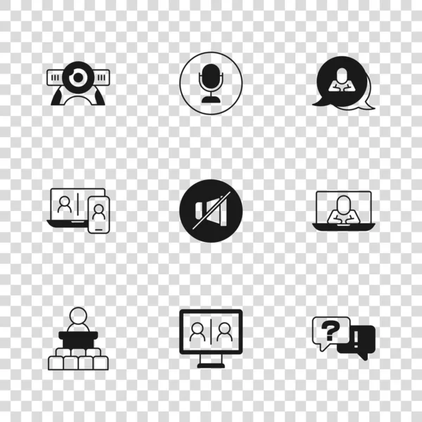 Video sohbet konferansı, Soru ve Cevap, Dilsiz mikrofon, Konuşma balonu, Web kamerası, Mikrofon ve ikon ayarlayın. Vektör