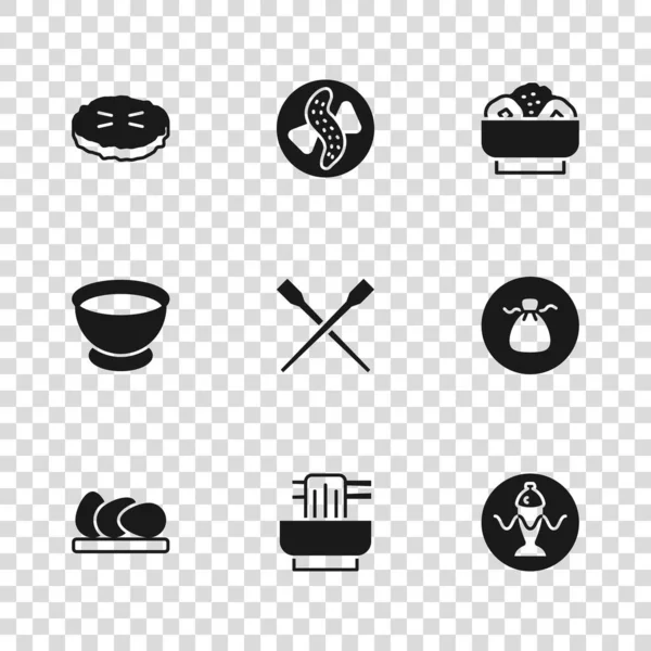 将亚洲面放入碗 食品筷子 自制派 黄瓜和酱油图标中 — 图库矢量图片