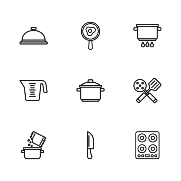 设置线刀 煤气炉 涵盖与托盘食物 煎蛋煎锅和量杯图标 — 图库矢量图片