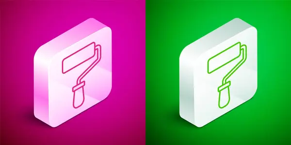 Isometric Line Paint Roller Brush Icon Isolated Pink Green Background — Stock Vector
