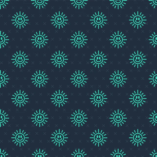 Green Line Sun Icon Isolated Seamless Pattern Blue Background Vector — Stock Vector