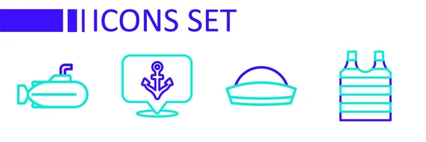 Set Line Striped Sailor Shirt Sailor Hat Anchor Submarine Icon — Stock Vector