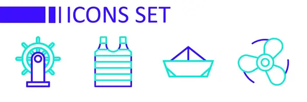 集直线船螺旋桨 折叠纸船 条纹水手T恤和船舶方向盘图标 — 图库矢量图片
