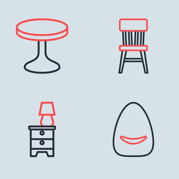 设置线椅 家具床头柜与灯 宝夫和圆桌图标 — 图库矢量图片