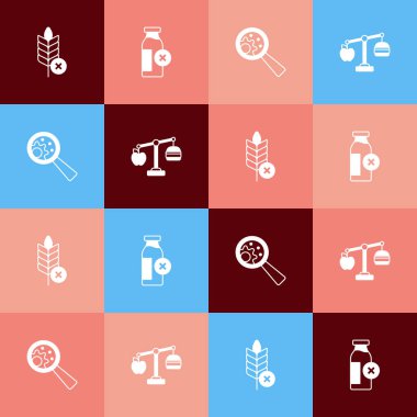 Pop art Glüten 'i serbest tahıl, laktoz duyarlılığı, GDO ve Calorie hesap makinesi simgesini ayarlayın. Vektör