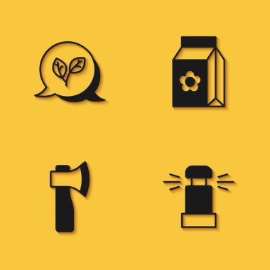 Yaprak, otomatik sulama fıskiyeleri, tahta balta ve uzun gölgeli tohum ikonu dolu paket. Vektör