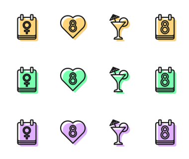 Martini bardağı, 8 Mart takvimi, Kalp ve ikon. Vektör