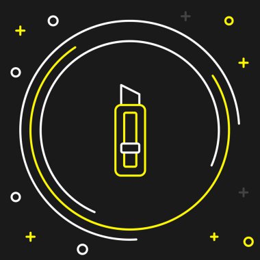 Çizgi kırtasiye bıçağı simgesi siyah arkaplanda izole edildi. Ofis kâğıt kesicisi. Renkli taslak konsepti. Vektör