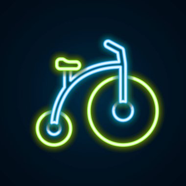 Parlak neon çizgisi, tek tekerli eski bisiklet ve siyah arka planda izole edilmiş küçük bir ikon. Bisikletle toplu taşıma levhası. Renkli taslak konsepti. Vektör