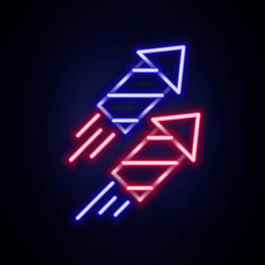 Parlayan neon hattı Firework roket ikonu tuğla duvar arka planında izole edildi. Eğlence partisi anlayışı. Patlayıcı havai fişek sembolü. Renkli taslak konsepti. Vektör