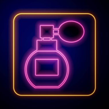 Parlayan neon parfüm ikonu siyah arkaplanda izole edildi. Vektör