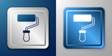 White Paint roller brush icon isolated on blue and grey background. Silver and blue square button. Vector