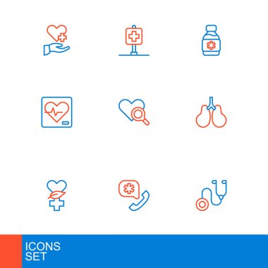 Stetoskop hattı, 911 'i, Ethnoscience' ı, ciğerleri, kalp atış hızını, kalp muayenesini, ilaç şurubu şişesini ve hastane ikonunu arayın. Vektör