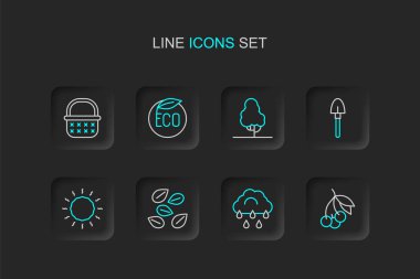 Taze böğürtlen, yağmurlu bulut, özel bitki tohumları, güneş, kürek, meyve ağacı, eko sağlıklı yiyecek ve hasır sepet ikonu. Vektör