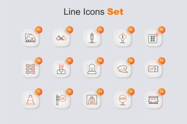 Yolcu vagonları, dur işareti, tren yolu tüneli, tuvalet, trafik konisi, bilet, sürücü şapkası ve Flasher Siren ikonu. Vektör
