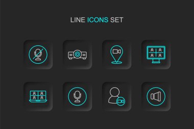 Hat hoparlörünün sesini ayarla, görüntülü konuşma konferansı, mikrofon, film, medya projektörü ve dilsiz mikrofon ikonu. Vektör