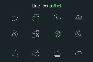 Dilimlenmiş balık, kasede pilav, tavuk yumurtası sebzeler, bir şişe sake, tabakta salatalık, ev yapımı, balık ve Wonton ikonu. Vektör