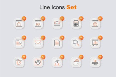 Satır Reklamcılığını ayarla, Paralı Cüzdan, Hesap Ekranı Oluştur, Dünya çapında, Pano grafik şeması, Büyüteç ve Dosya belgesi simgesi. Vektör