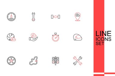 Hat anahtarı, yarış ışığı, zaman ayarlı kemer takımı, araba, kask ve simge için tekerlek. Vektör