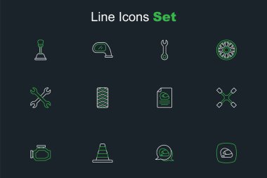 Hat çizgisi yarış kaskı, trafik konisi, motoru kontrol et, tekerlek anahtarı, tekerlek tekerleği ve İngiliz anahtarı simgesi. Vektör