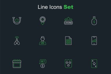 Maça sembollü oyun kartı, piyango bileti, kumarhane fişi dolar, takvim, online spor bahisleri, dağıtıcı ve dart ok ikonu. Vektör